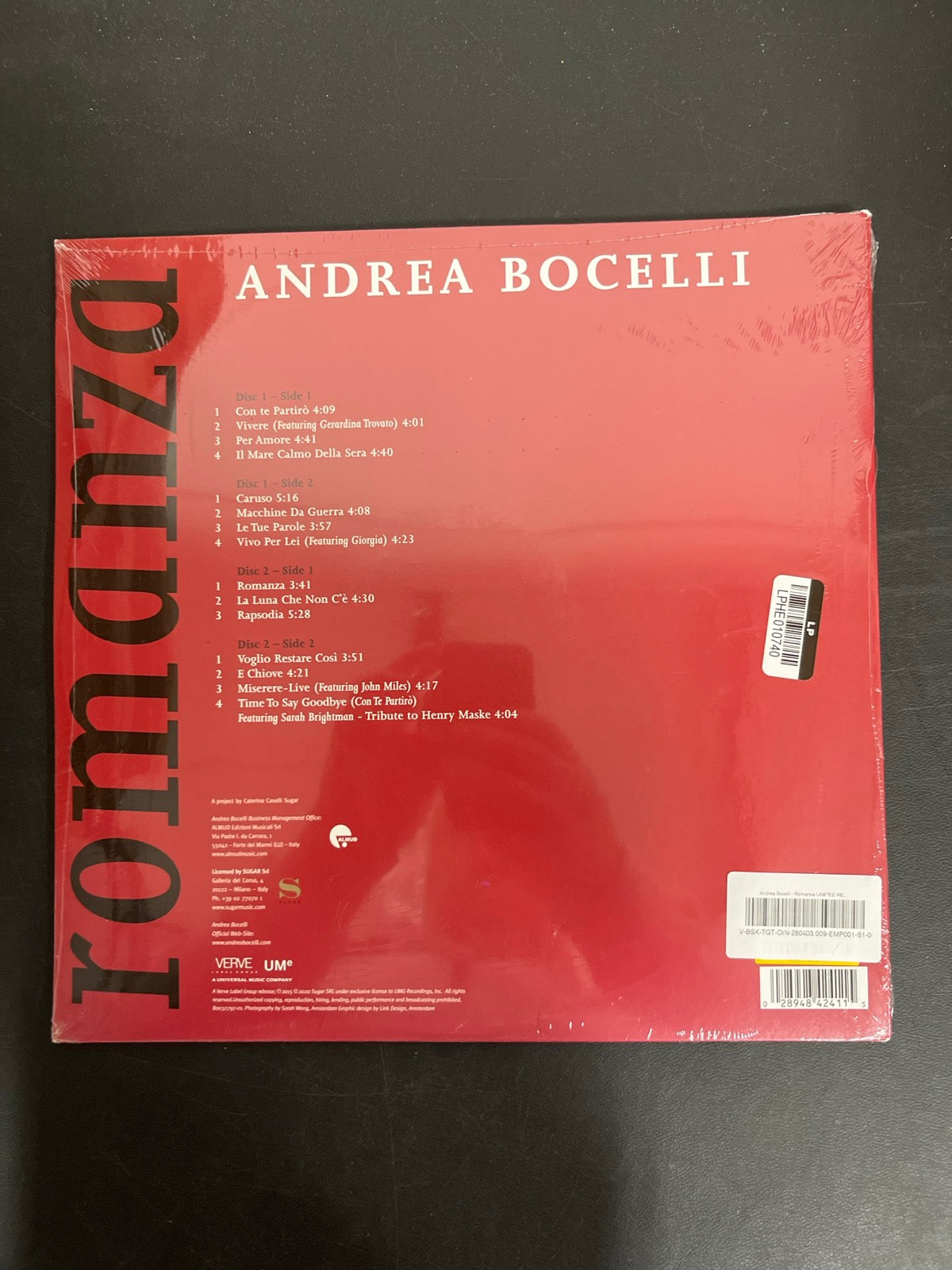 BACK - Andrea Bocelli - Romanza LE Red Vinyl SEALED NOT TESTED