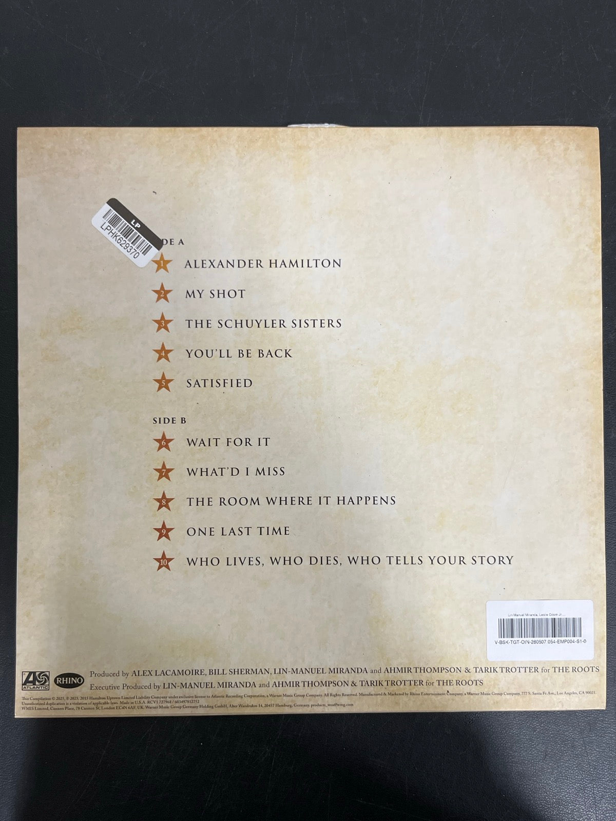 BACK - Lin-Manuel Miranda - Hamilton: 10 Shots LE Red Smoke Vinyl USED NOT TESTED