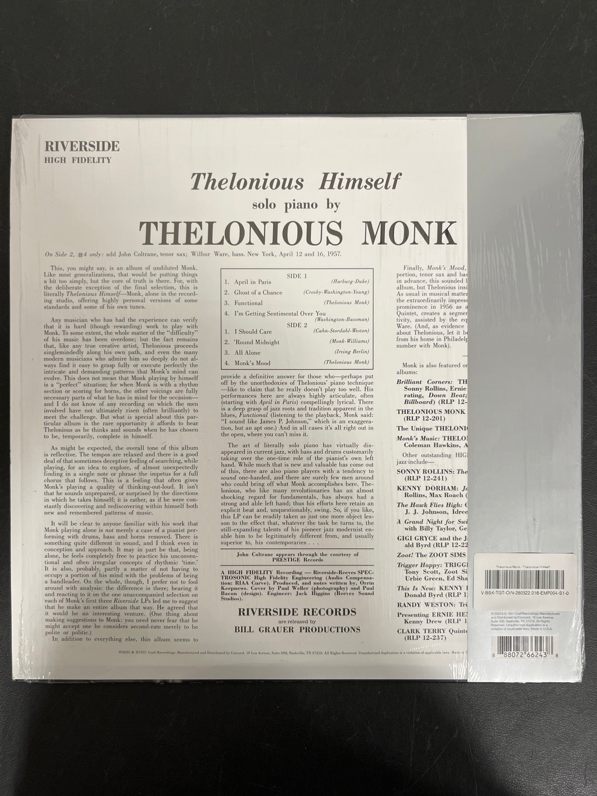 BACK - Thelonious Monk - Thelonious Himself Remastered Reissue Vinyl USED NOT TESTED