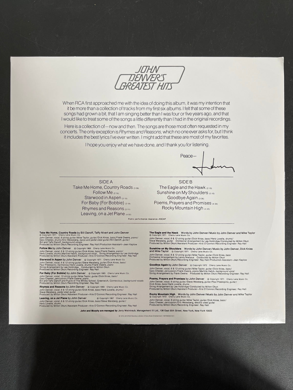 SLEEVE_1B - John Denver - John Denver's Greatest Hits Vinyl USED NOT TESTED