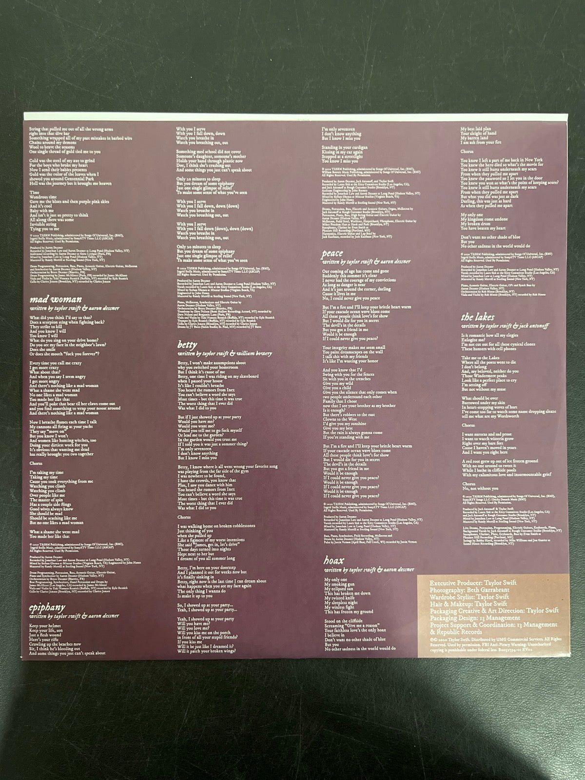 SLEEVE_2F - Taylor Swift - Folklore LE Red Etched Vinyl USED NOT TESTED